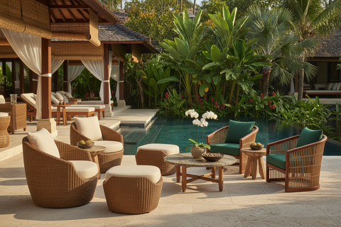 Tropical boho resort furniture handcrafted in Bali for hotels, villas and beach resorts
