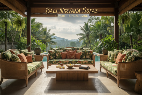 Tropical boho sofas handcrafted in Bali, with rattan and teak lounge seating