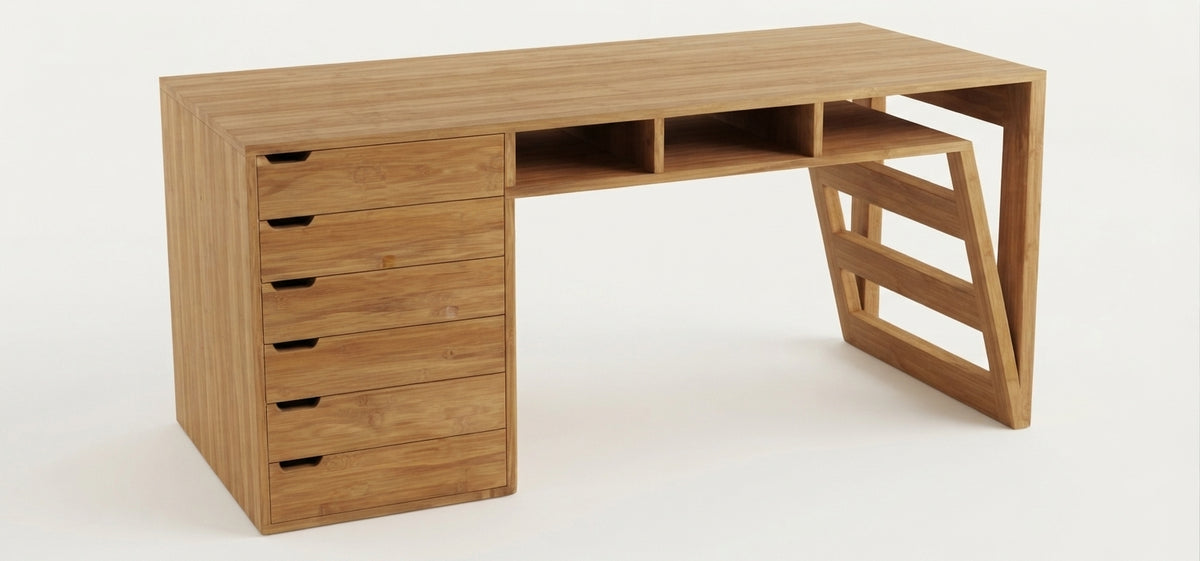 Teak desk Enam 6 Drawer – boho furniture handcrafted in Bali by BaliSouk (vue 2)