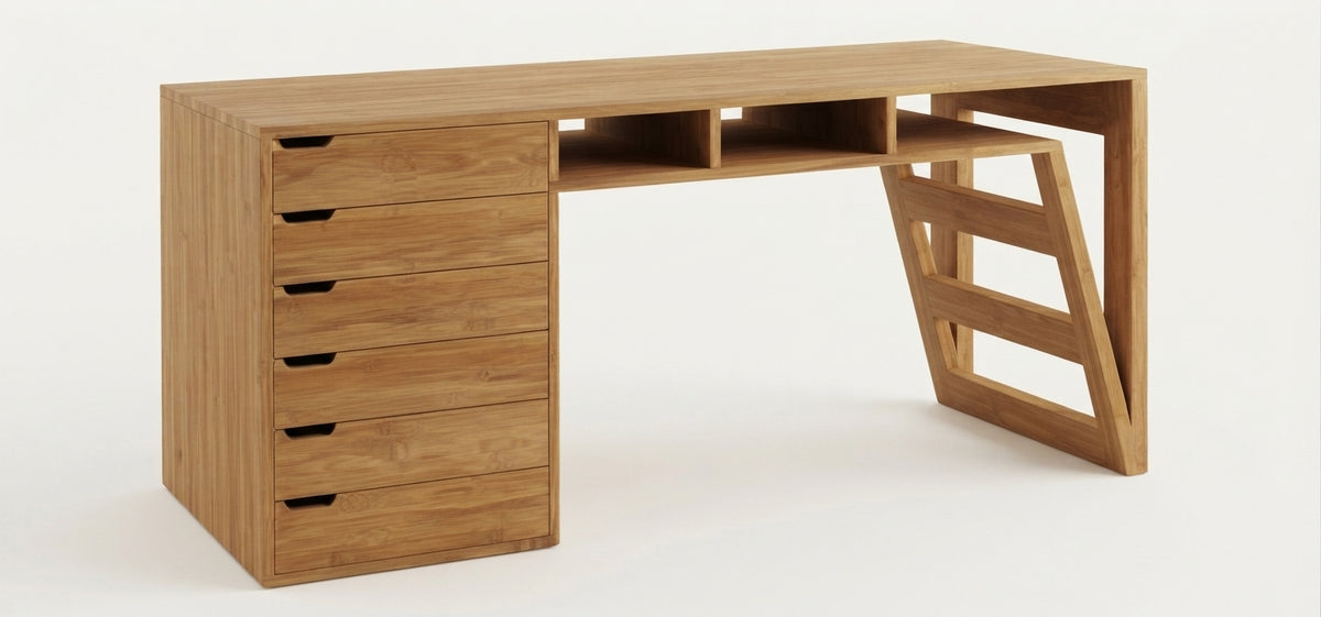 Teak desk Enam 6 Drawer – boho furniture handcrafted in Bali by BaliSouk (vue 3)