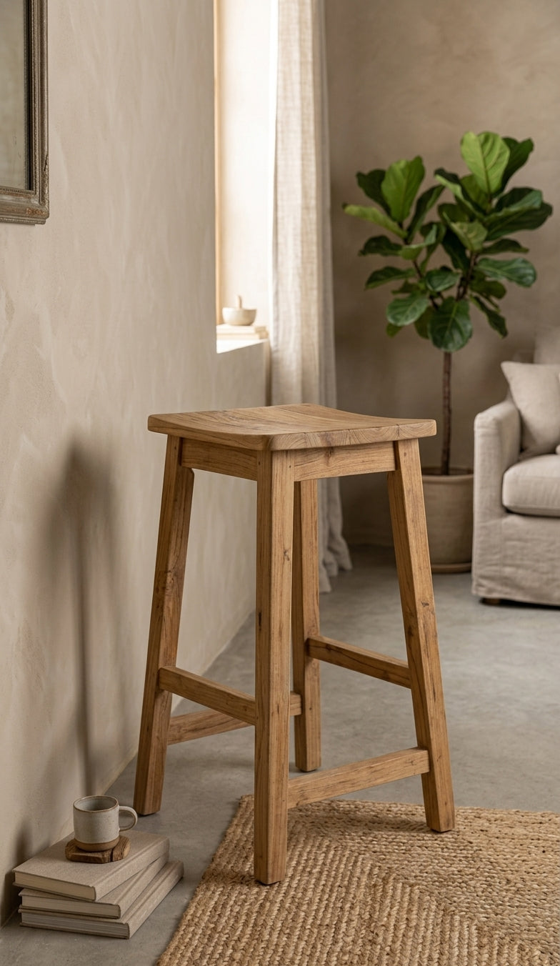 Teak bar stool Semar – boho furniture handcrafted in Bali by BaliSouk (vue 4) – set of 2