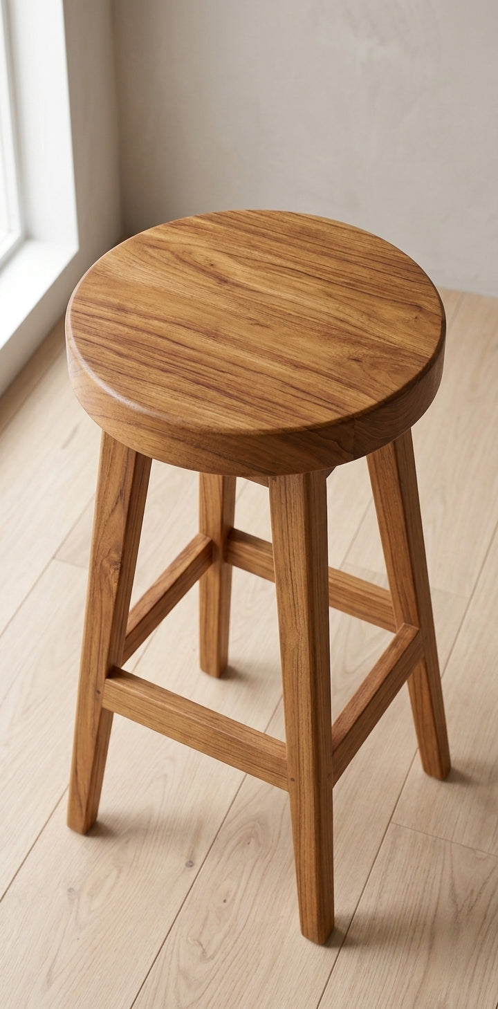 Teak bar stool Slice – boho furniture handcrafted in Bali by BaliSouk (vue 2) – set of 2
