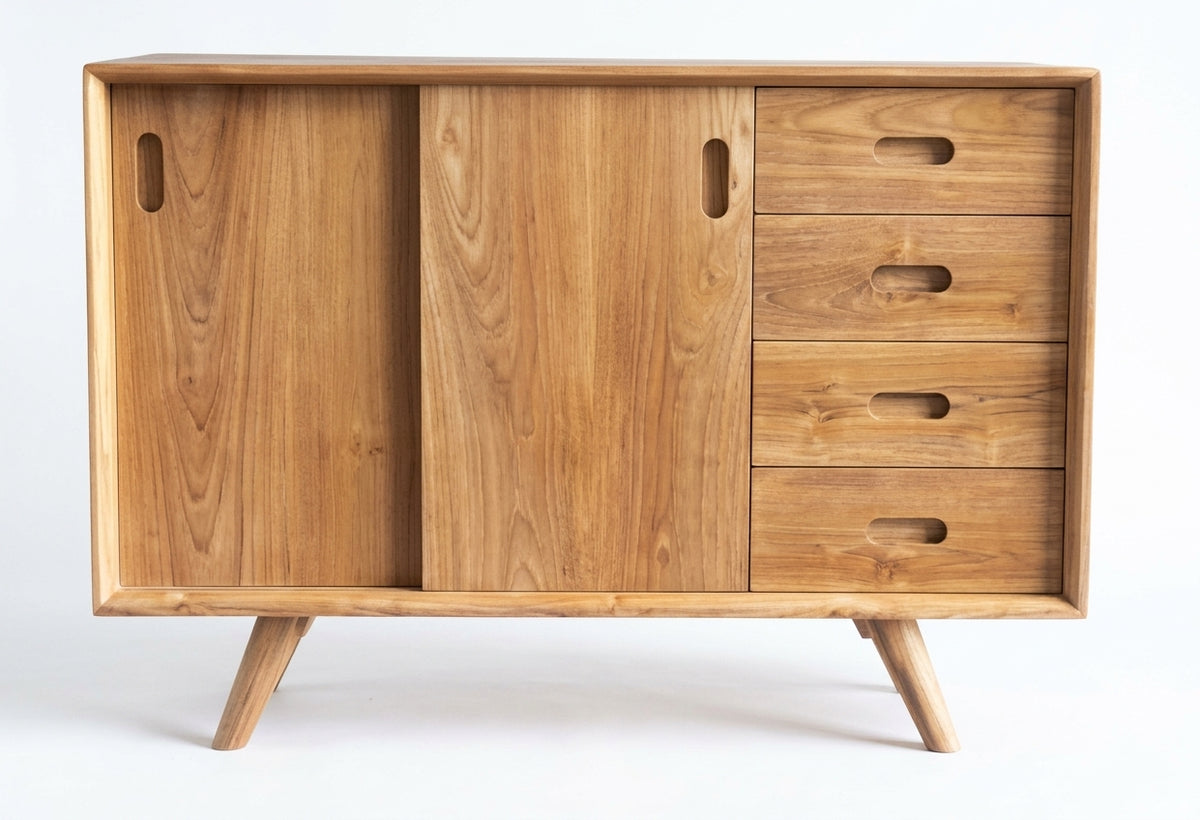 Teak low cabinet Slide – boho furniture handcrafted in Bali by BaliSouk (vue 3)