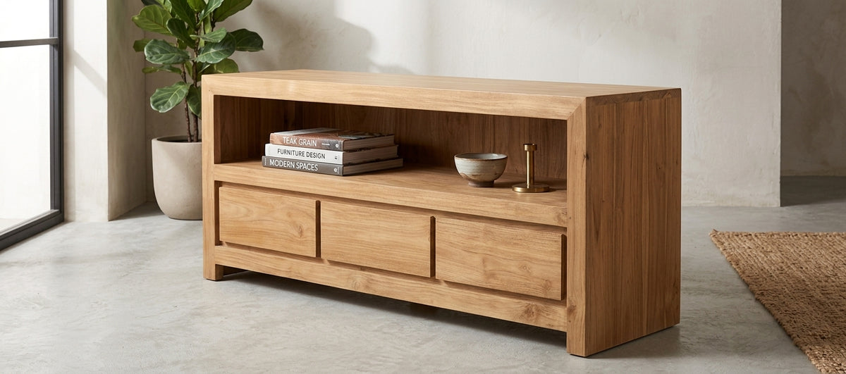 Teak tv cabinet Minimalis – boho furniture handcrafted in Bali by BaliSouk (vue 3)
