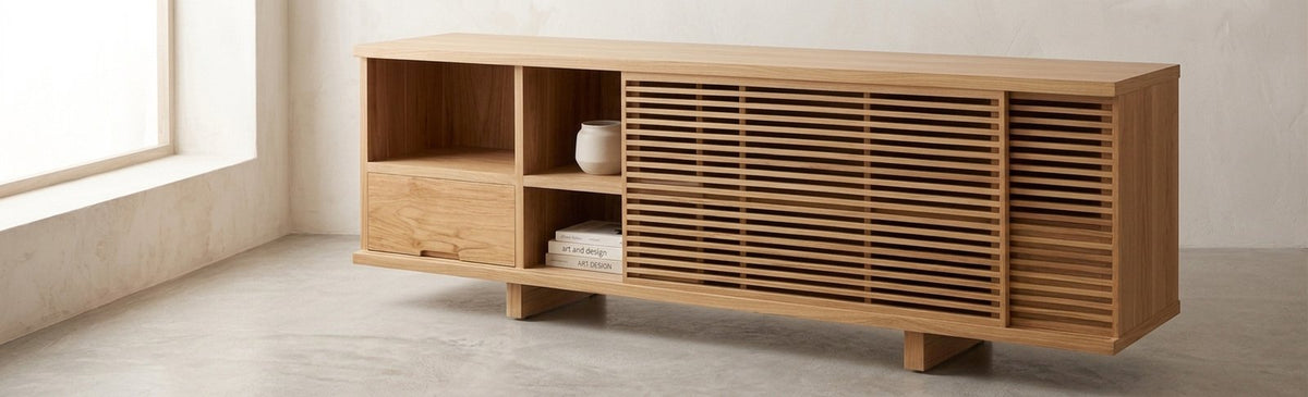 Teak tv cabinet Singapour – boho furniture handcrafted in Bali by BaliSouk (vue 3)