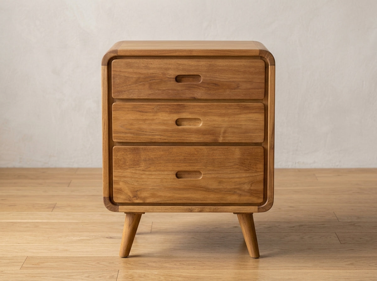 Teak bed side table AD 3 Drawer – boho furniture handcrafted in Bali by BaliSouk
