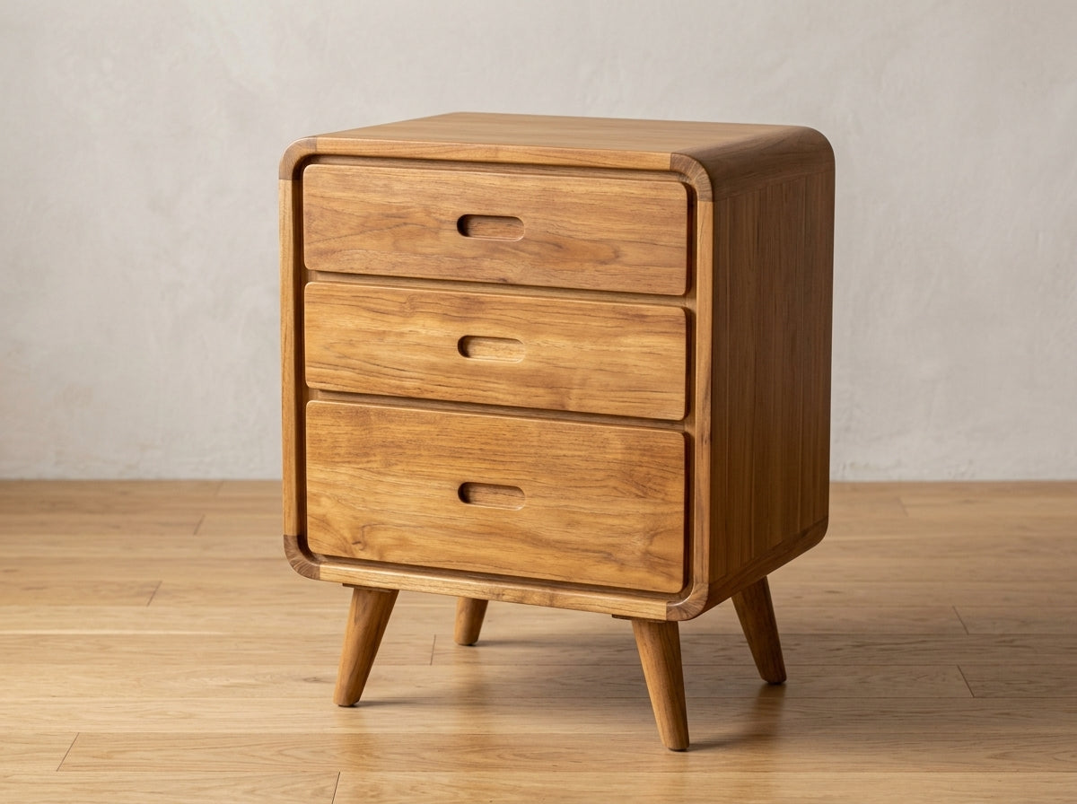 Teak bed side table AD 3 Drawer – boho furniture handcrafted in Bali by BaliSouk (vue 2)