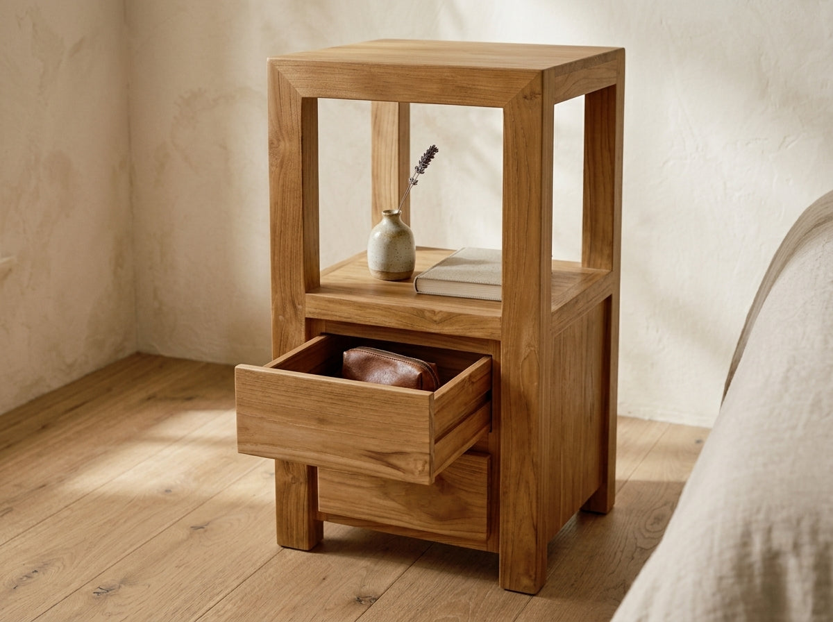 Teak bed side table Tinggi Tall – boho furniture handcrafted in Bali by BaliSouk