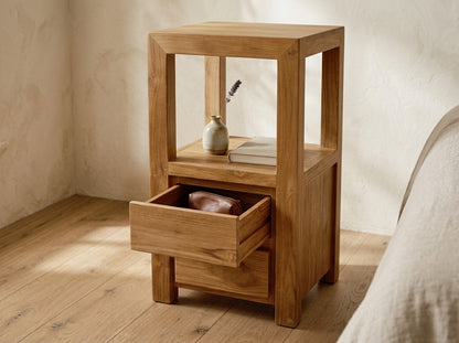 Teak bed side table Tinggi Tall – boho furniture handcrafted in Bali by BaliSouk