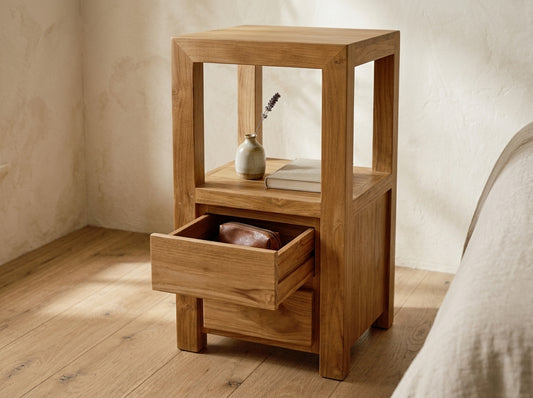 Teak bed side table Tinggi Tall – boho furniture handcrafted in Bali by BaliSouk