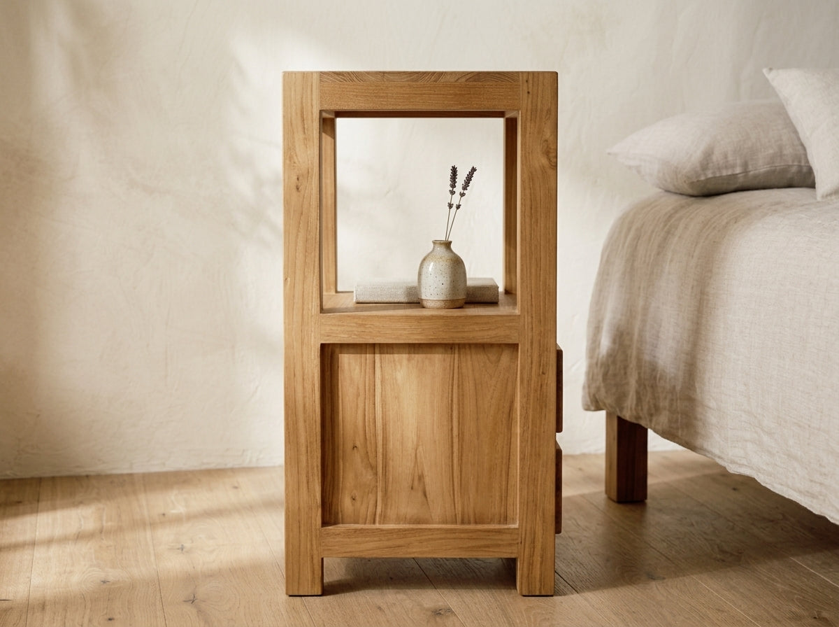 Teak bed side table Tinggi Tall – boho furniture handcrafted in Bali by BaliSouk (vue 2)