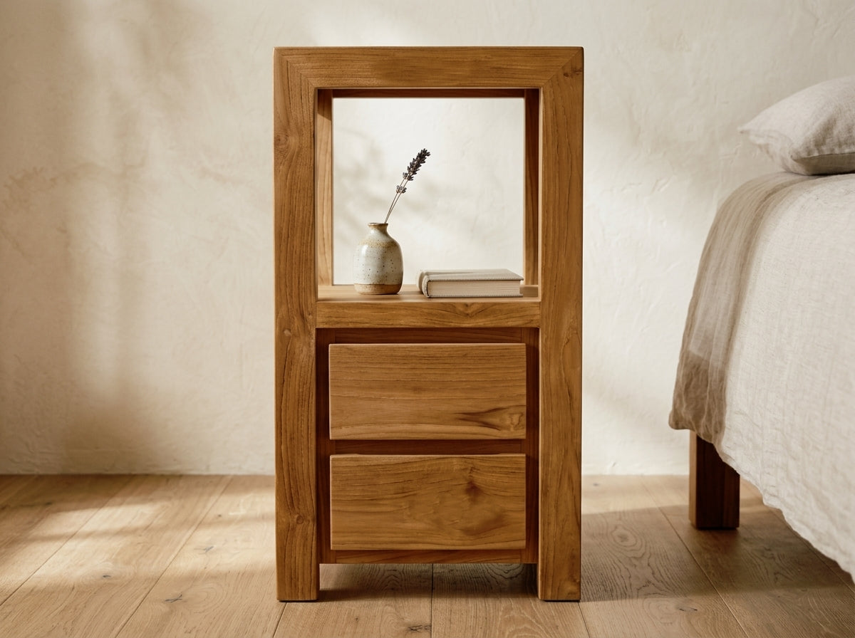 Teak bed side table Tinggi Tall – boho furniture handcrafted in Bali by BaliSouk (vue 3)