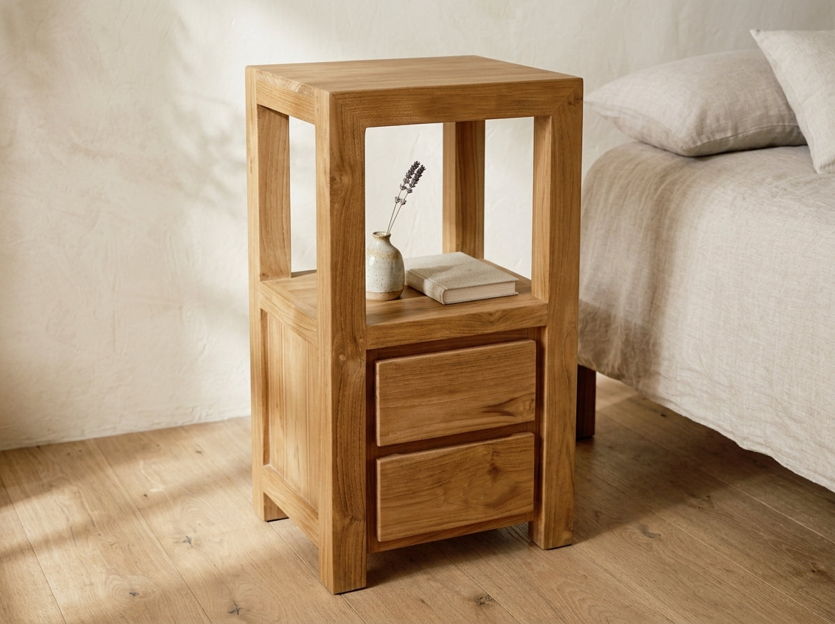 Teak bed side table Tinggi Tall – boho furniture handcrafted in Bali by BaliSouk (vue 4)