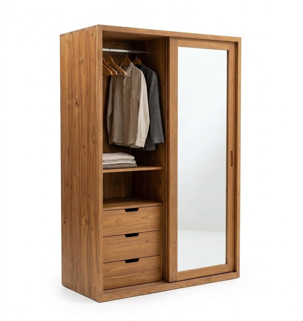 Teak wardrobe Inci 2 Mirror – boho furniture handcrafted in Bali by BaliSouk (vue 3)