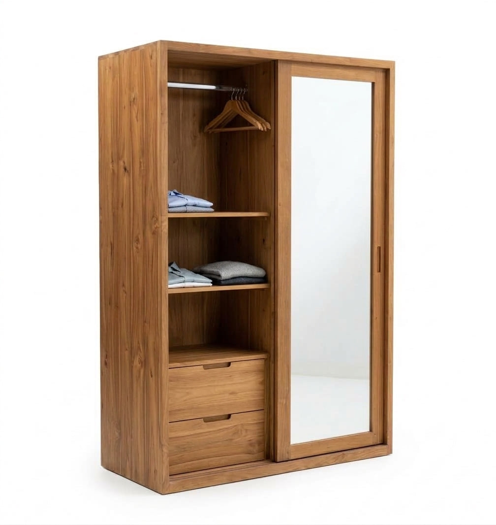 Teak wardrobe Inci 2 Mirror – boho furniture handcrafted in Bali by BaliSouk (vue 4)