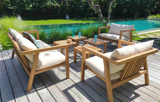 Teak garden sofa Moko Triple – boho outdoor furniture handcrafted in Bali by BaliSouk