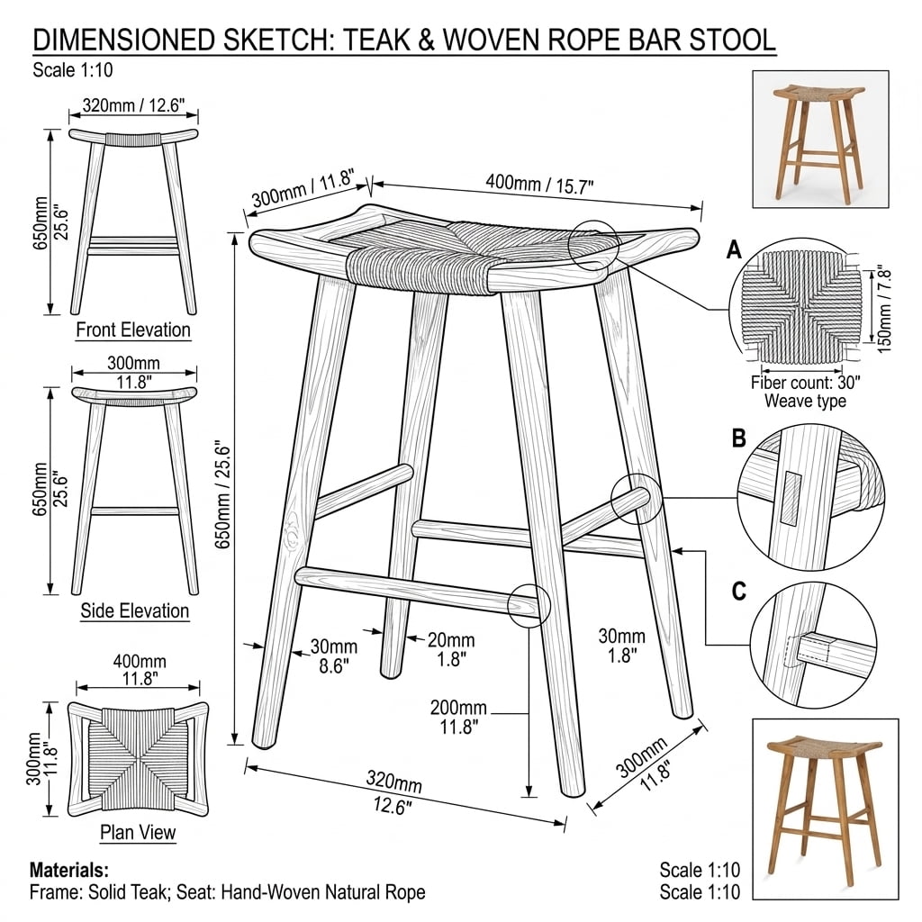 Teak bar stool Sayap – boho outdoor furniture handcrafted in Bali by BaliSouk (view 2) – set of 2