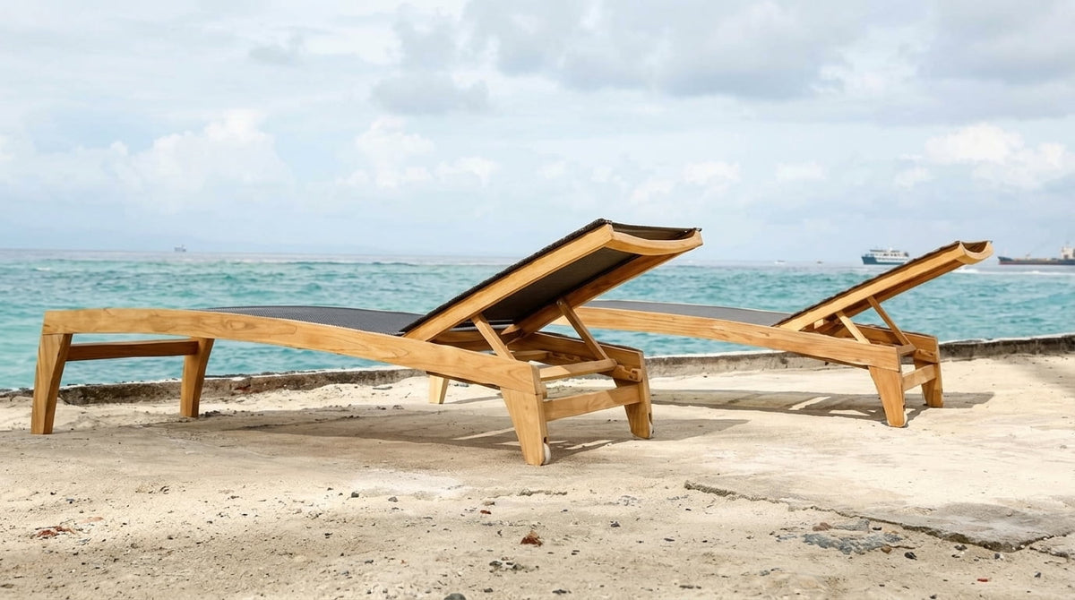 Teak sun lounger Azur Batyline – boho outdoor furniture handcrafted in Bali by BaliSouk (view 7) – set of 2