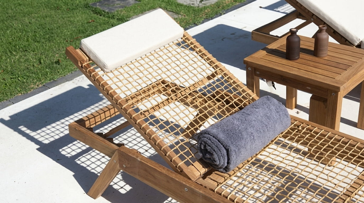 Teak sun lounger Noemi Stacking – boho outdoor furniture handcrafted in Bali by BaliSouk – set of 2