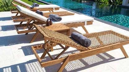 Teak sun lounger Noemi Stacking – boho outdoor furniture handcrafted in Bali by BaliSouk (view 2) – set of 2