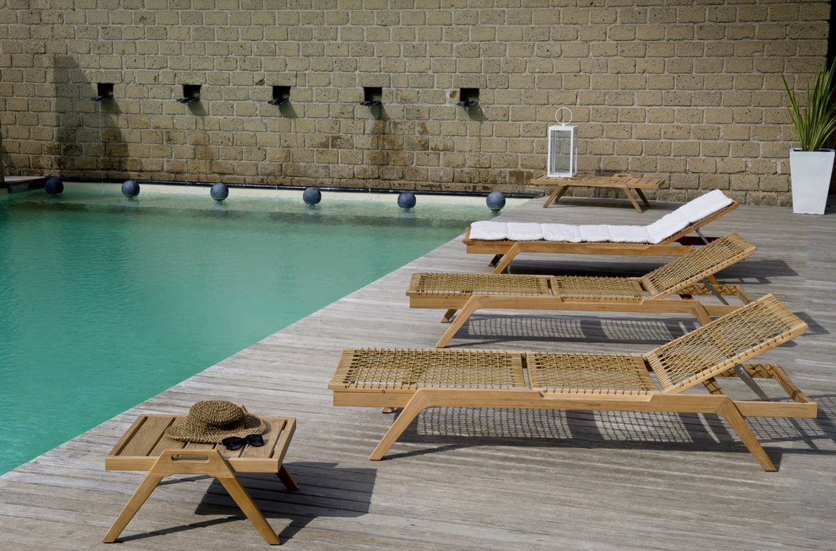 Teak sun lounger Noemi Stacking – boho outdoor furniture handcrafted in Bali by BaliSouk (view 8) – set of 2