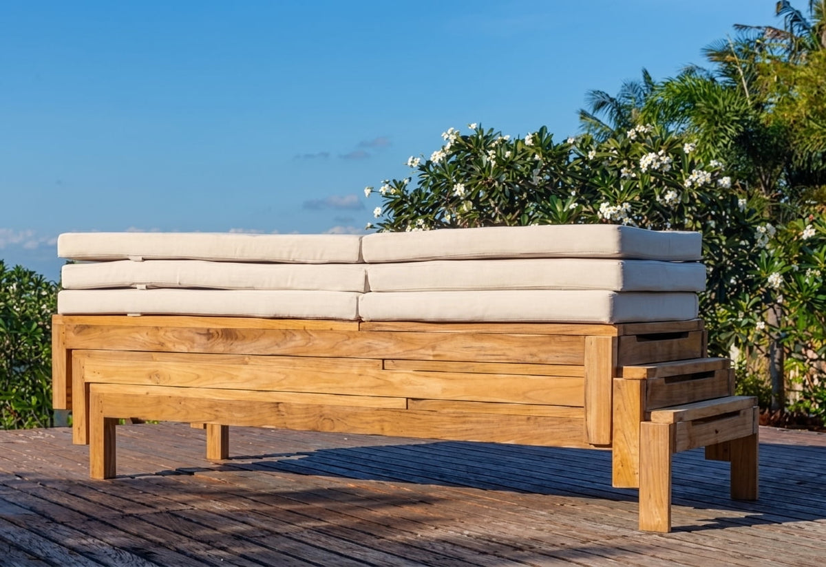 Teak sun lounger Mexico – boho outdoor furniture handcrafted in Bali by BaliSouk (view 2) – set of 2