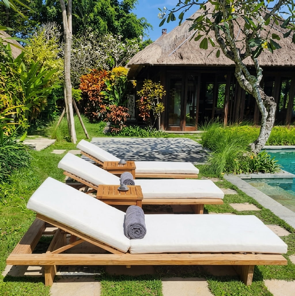 Teak sun lounger Nepi – boho outdoor furniture handcrafted in Bali by BaliSouk – set of 2