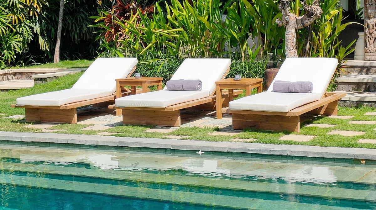 Teak sun lounger Nepi – boho outdoor furniture handcrafted in Bali by BaliSouk (view 2) – set of 2