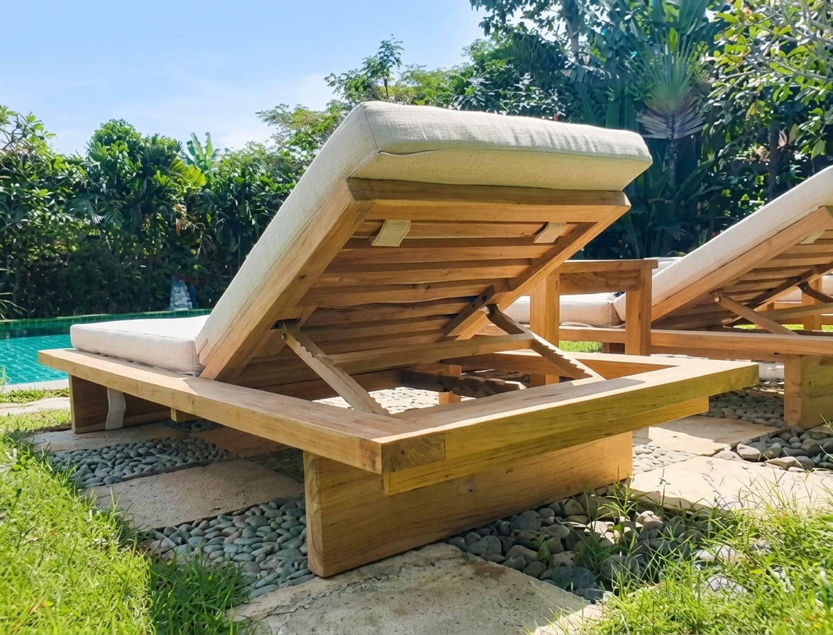 Teak sun lounger Nepi – boho outdoor furniture handcrafted in Bali by BaliSouk (view 4) – set of 2
