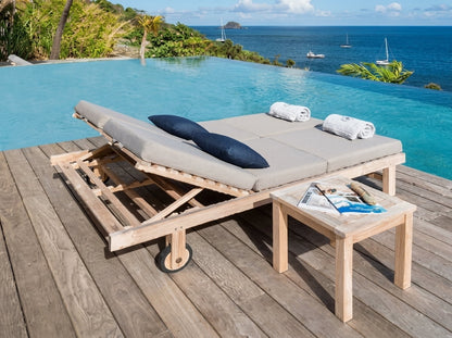 Teak sun lounger IDF Double – boho outdoor furniture handcrafted in Bali by BaliSouk – set of 2