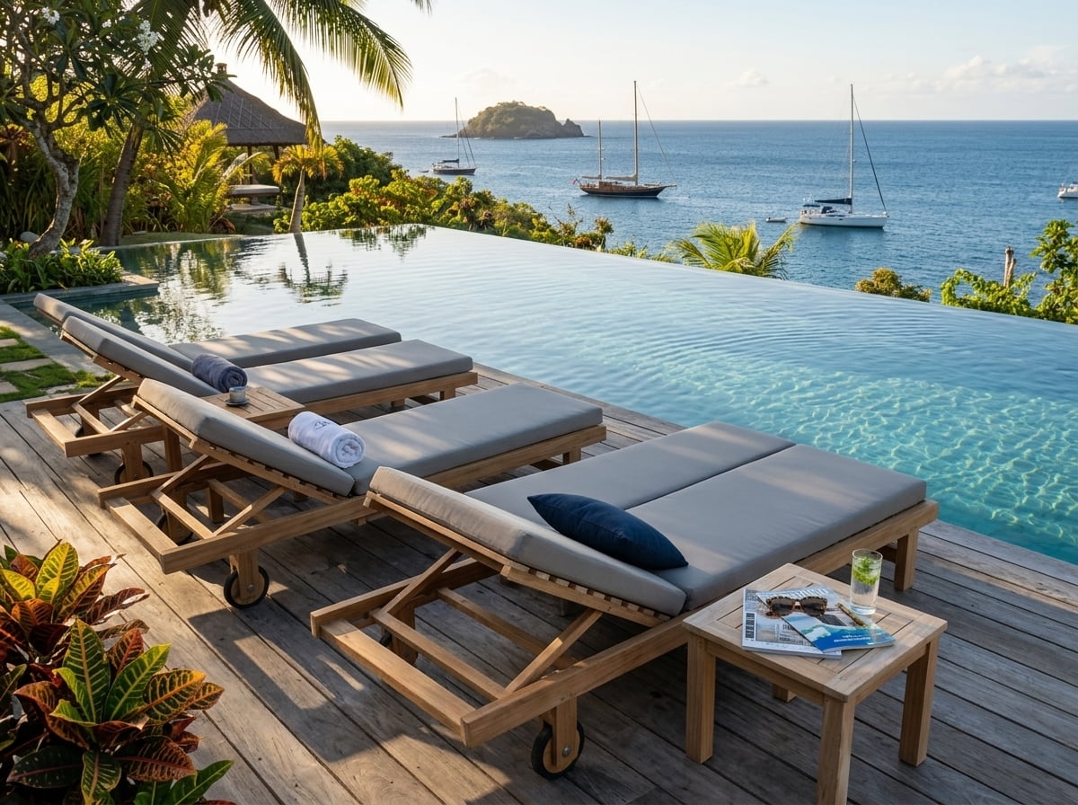 Teak sun lounger IDF Double – boho outdoor furniture handcrafted in Bali by BaliSouk (view 2) – set of 2