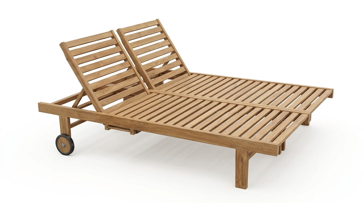 Teak sun lounger IDF Double – boho outdoor furniture handcrafted in Bali by BaliSouk (view 5) – set of 2