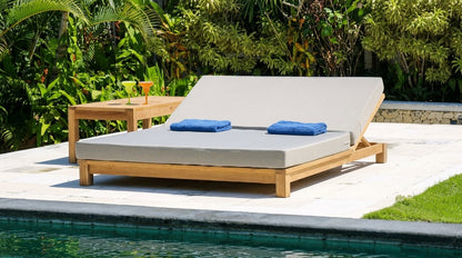 Teak sun lounger Go Double – boho outdoor furniture handcrafted in Bali by BaliSouk – set of 2