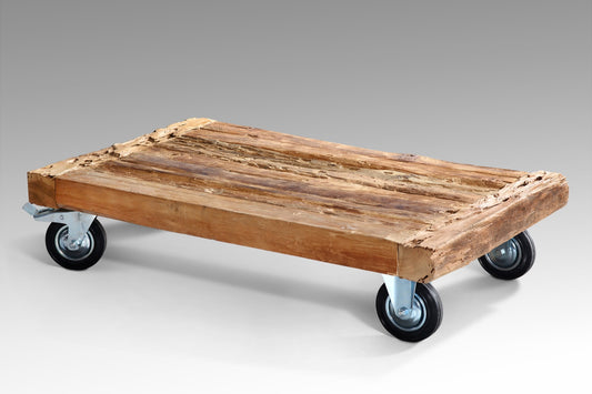 Boho solid teak coffee table Jacqui with wheels, crafted by hand in Bali
