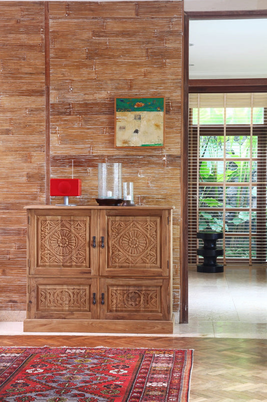 Boho solid teak buffet Stephanie Carving with 4 doors, handmade in Bali