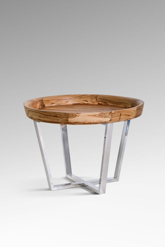 Boho solid teak and stainless steel table Lucia Round, handcrafted in Bali