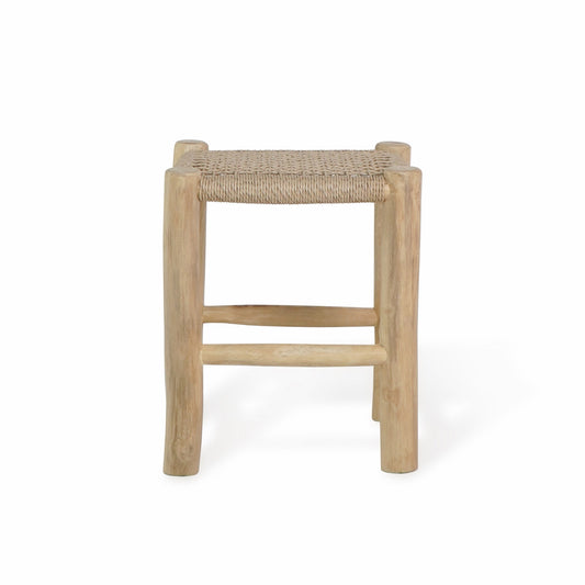 Boho natural solid teak and synthetic rattan stool London, crafted by hand in Bali