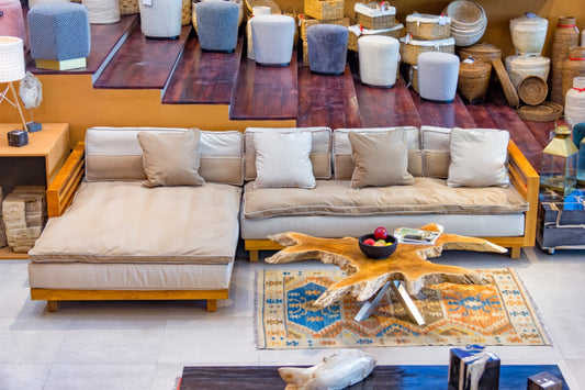 Boho solid teak and fabric sofa Milano L-Shape with beige cushion, crafted by hand in Bali