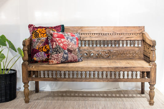 Boho antique solid teak bench Medan without cushion, handmade in Bali