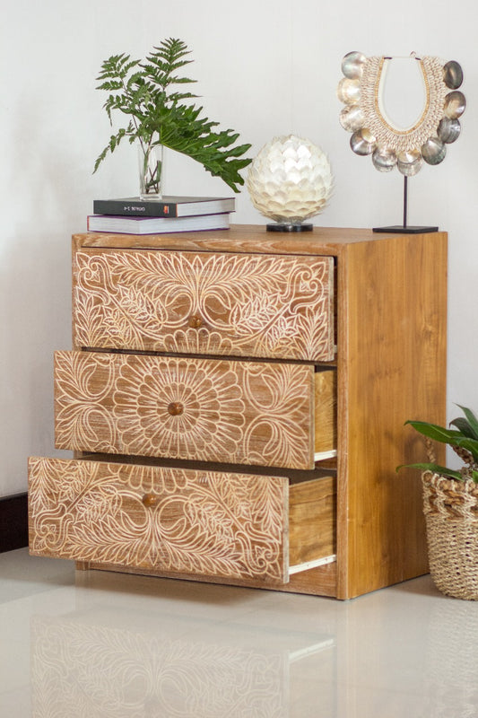 Boho solid teak buffet Caroline Carving with 3 drawers, crafted by hand in Bali