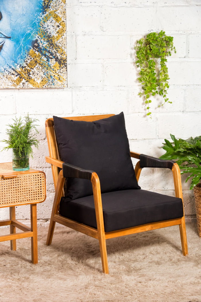 Boho solid teak and rattan armchair Duta with black seat back cushion, set of 2, handmade in Bali