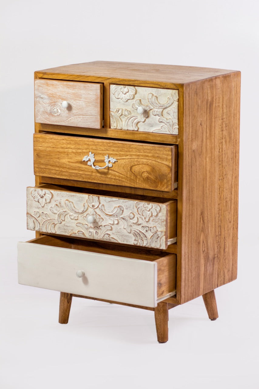 Mindi wood chest of drawers – Medan Cabinet 5 Drawers / Straight Edge Border, natural natural materials in boho style