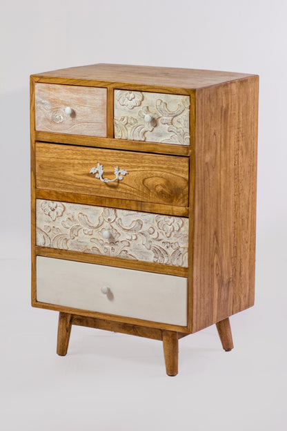 Mindi wood chest of drawers Medan Cabinet 5 Drawers / Straight Edge Border – boho furniture, handwoven and handmade in Bali