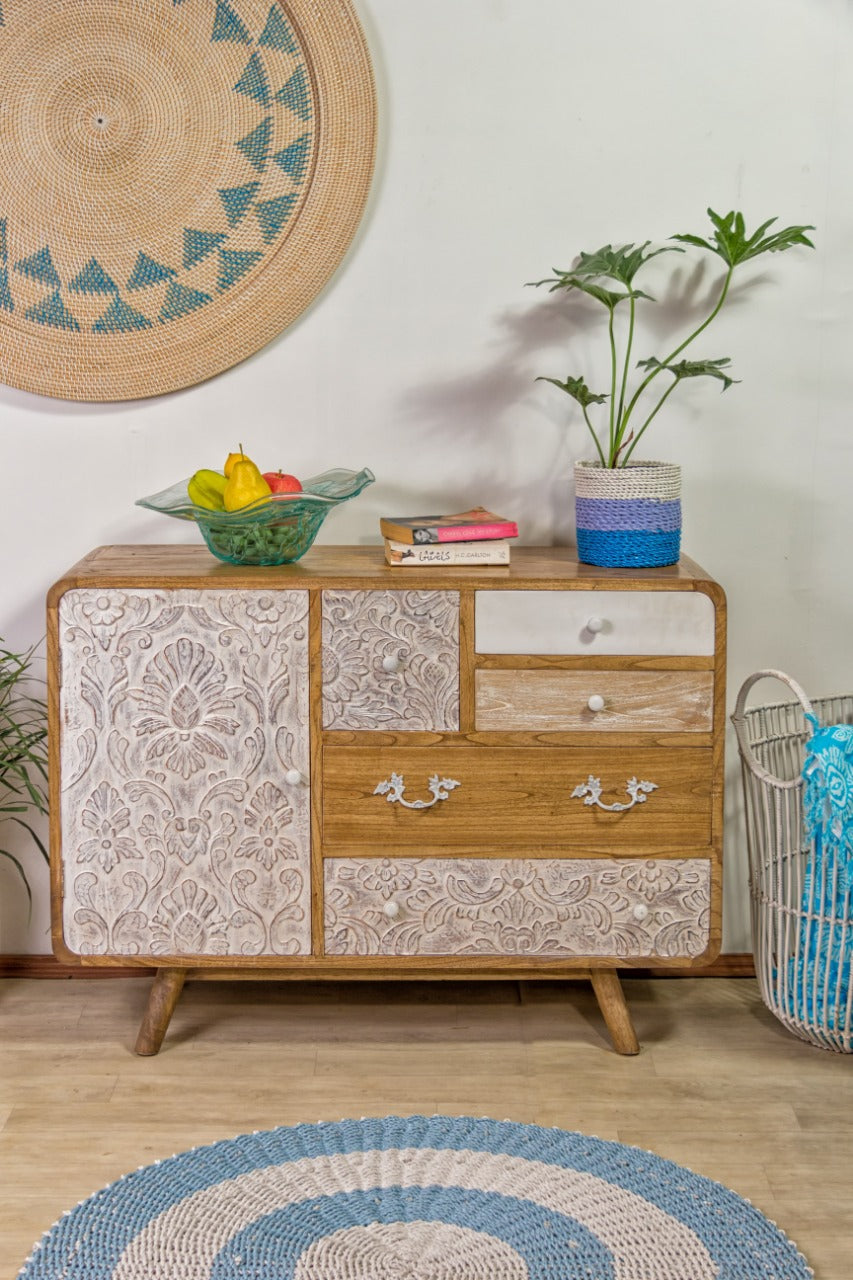 Medan Cabinet 5 Drw + Carving Door / Round Edge Border cabinet in natural materials – handmade boho furniture from Bali