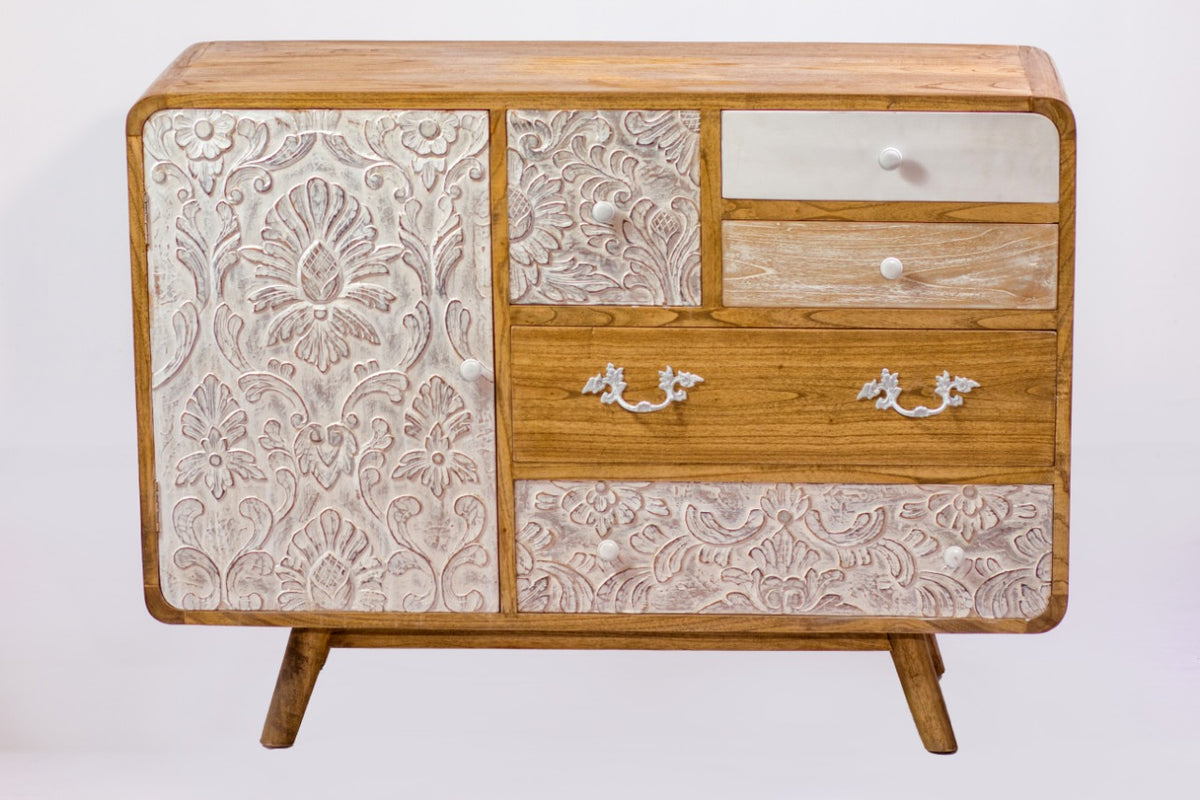 Mindi wood cabinet – Medan Cabinet 5 Drw + Carving Door / Round Edge Border, natural natural materials in boho style