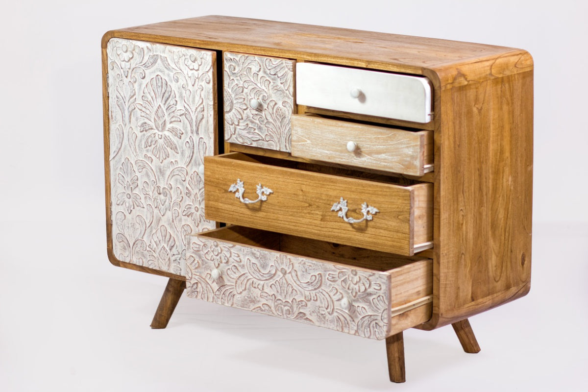 Mindi wood cabinet – Medan Cabinet 5 Drw + Carving Door / Round Edge Border, natural natural materials in boho style