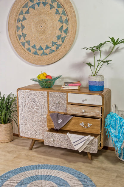 Mindi wood cabinet Medan Cabinet 5 Drw + Carving Door / Round Edge Border – boho furniture, handwoven and handmade in Bali