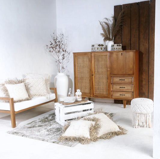 Boho solid teak and rattan buffet Bintang 3 Droos with 3 drawers, handmade in Bali