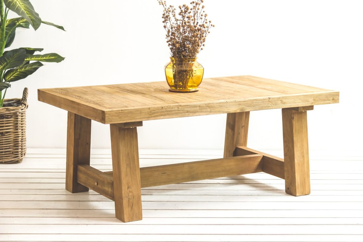 Teak coffee table Riri – boho furniture, handwoven and handmade in Bali