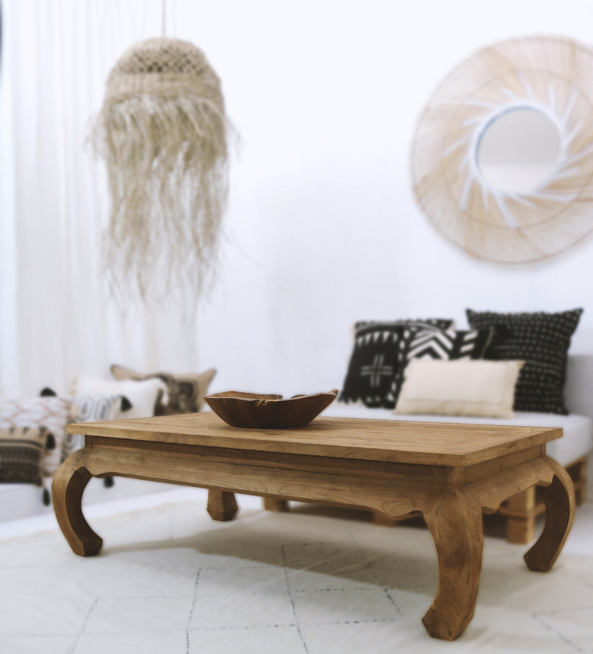 Recycled teak coffee table Opium – boho furniture, handwoven and handmade in Bali